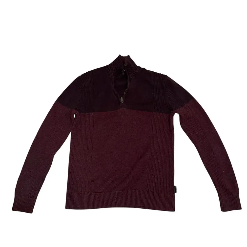Calvin Klein Mens 1/4 Zip Knit Mock Neck Colorblock Sweater Burgundy Size Small